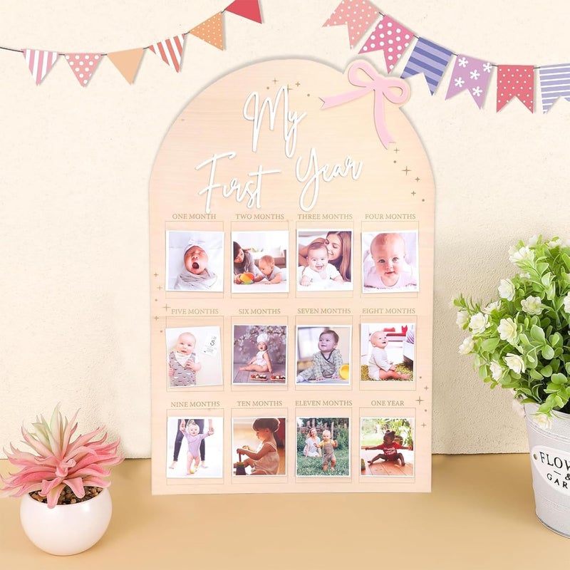 FLhdM My First Year Photo Frame Board, 1st Birthday Girl Boy Gifts, Newborn Newmom Gift, 1 Year Old Girls Gifts, One Year Birthday Party Decorations, Baby Shower Baptism Favors, 12 Months Milestone - Image 4